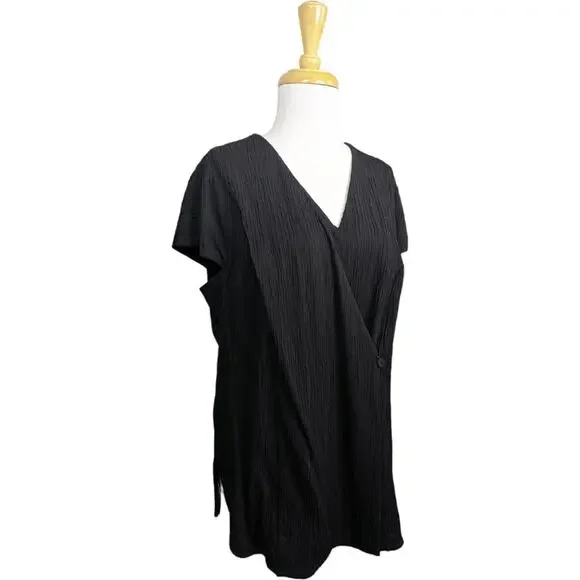 NEW MM LaFleur Valerie Wrap Top 1X Pleated Jersey Crepe Black Cap Sleeve - Picture 11 of 13